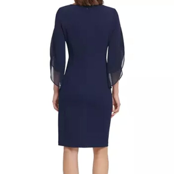 DKNY Navy Blue Split Sleeve Solid Sheath Dress - Picture 2 of 11